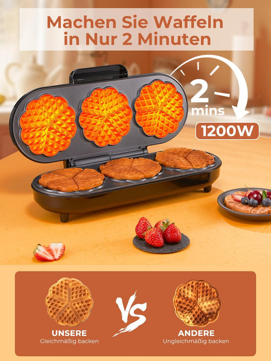 FOHERE King Size Waffeleisen, 15 Herzwaffeln in 2 Minuten, Herzwaffeleisen mit 3 Antihaftbeschichteten Backflächen für klassische Herzwaffeln, Backampel, Edelstahl, ideal für Familie & Party (silbern)