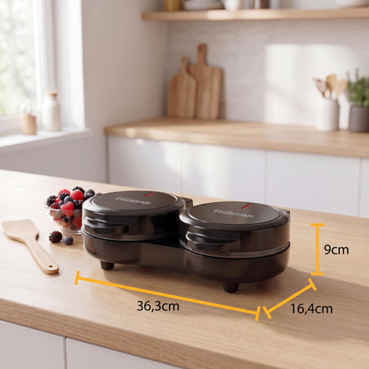Tristar Doppel-Mini-Waffeleisen, 2 Waffeln pro Durchgang, 1100 W Leistung, Aluminium-Heizplatten mit Antihaftbeschichtung, Kompaktes Design, WF-2115, Doppelt