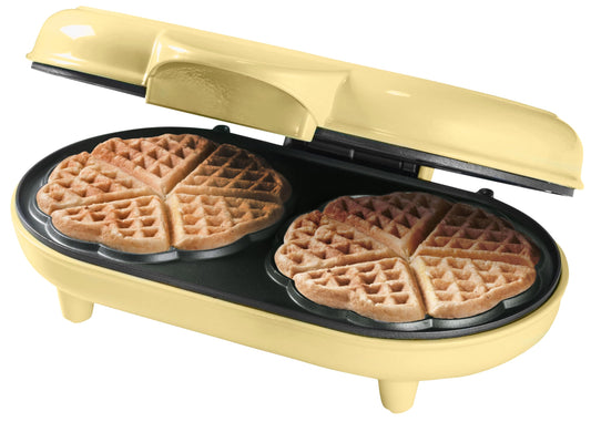 Bestron Doppel-Waffeleisen für klassische Herzwaffeln, Herzwaffeleisen mit Backampel & Antihaftbeschichtung, ideal für Kindergeburtstage, Ostern & Weihnachten, Farbe: Gelb