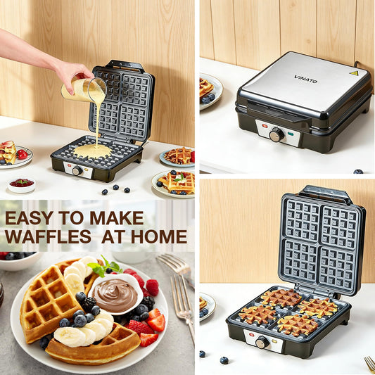 VINATO Waffeleisen, Belgisches Waffeleisen für 4 Waffeln, Schnelle und Stabile Wärme, Waffeln Maschine mit Antihaftbeschichtung von Heizplatten