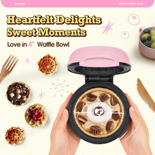 GVAKMM Rosa Mini Waffelschalen Maker mit Bambus-Gabel & Messer, 4 Zoll Kleiner Waffelbecher Maschine für Eisbecher, Tacos & Desserts, 350W Antihaft Waffeleisen, Kompaktes Geschenk für Kinder & Familie