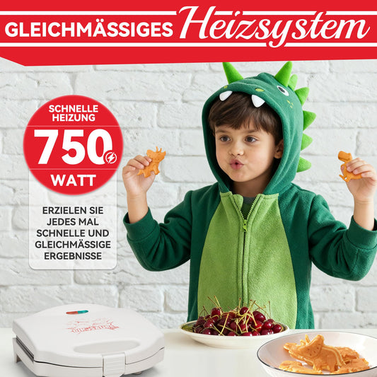 SugarWhisk Mini Waffelbacker Mit Dino-Motiv, Waffeleisen Klein für Kinder, Süß Mini Waffeleisen Kinder, Dino Gerät zum Waffeln Backen, 8 verschiedene Dinosaurier-Motive, Weiß