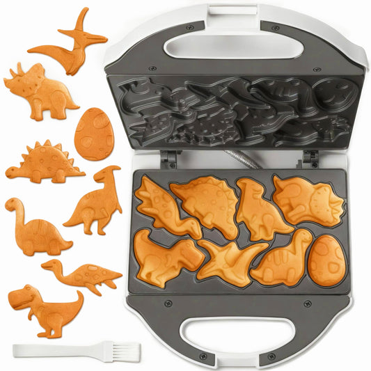 SugarWhisk Mini Waffelbacker Mit Dino-Motiv, Waffeleisen Klein für Kinder, Süß Mini Waffeleisen Kinder, Dino Gerät zum Waffeln Backen, 8 verschiedene Dinosaurier-Motive, Weiß